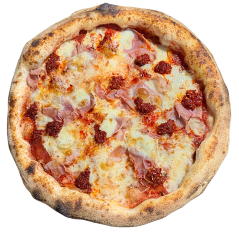 5.NDUJA E TALEGGIO / pomodoro, mozzarella fior di latte, tal.šunka cotto, nduja (pikantná bravč.zmes), syr taleggio, krémové balsamico