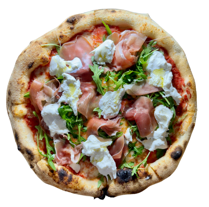 8. BURRATA E CRUDO / pomodoro, mozzarella fior di latte, mozzarella burrata, prosciutto crudo (sušená bravč.šunka) rukola, extra virgin olivový olej