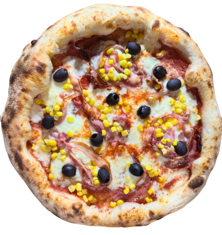 20. NAPOLI E PANCETTA / pomodoro, mozzarella fior di latte, saláma napoli, pancetta magretta (rolovaná slanina), kukurica, olivy
