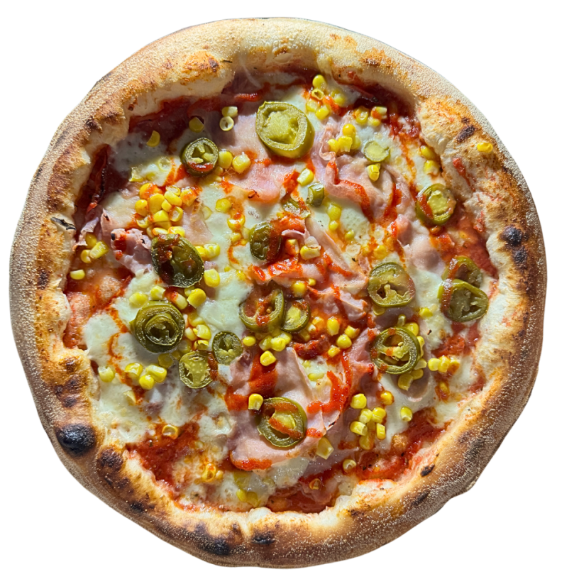13. LA PICANTE / pomodoro, mozzarella fior di latte, tal.šunka cotto, pikantná saláma spianata, jalapeňos, kukurica, chilli omáčka