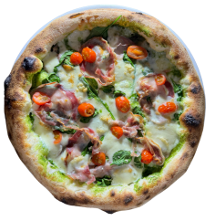 21. SPINACI / špenátovo bazalkový základ, mozzarella fior di latte, baby špenát,  pancetta magretta (rolovaná slanina), syr taleggio, cherry rajčiny