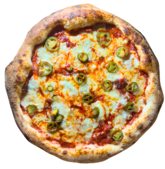 12. DIAVOLA / pomodoro, mozzarella fior di latte, pikantná saláma spianata, jalapeňos, chilli omáčka