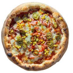 13. LA PICANTE / pomodoro, mozzarella fior di latte, tal.šunka cotto, pikantná saláma spianata, jalapeňos, kukurica, chilli omáčka
