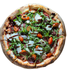 3. BRESAOLINA / pomodoro, mozzarella fior di latte, bresaola (sušená hovädzia šunka), rukola, cherry rajčiny, syr pecorino, figové balsamico)