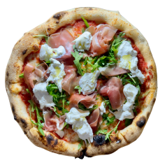 8. BURRATA E CRUDO / pomodoro, mozzarella fior di latte, mozzarella burrata, prosciutto crudo (sušená bravč.šunka) rukola, extra virgin olivový olej